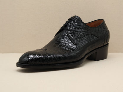 Bespoke Long Wingtip Derby crafted from the finest genuine alligator belly leather, featuring a classic French toe shape and a 1.5-inch Cuban heel inspired by 1970s elegance, completed with a Goodyear-welted leather sole by euGo,The Art of Shoemaking, Burlingame, California.