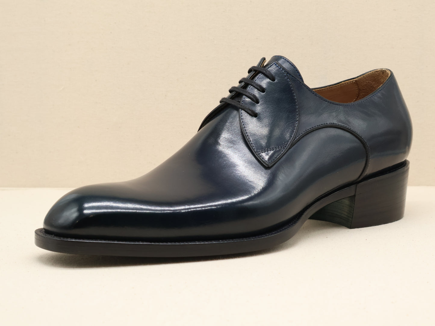 Bespoke Plain Derby, crafted from the finest English box calf leather, featuring a classic French toe shape and a 1.5-inch Cuban heel inspired by 1970s elegance. Finished with a Goodyear-welted leather sole by euGo, The Art of Shoemaking, Burlingame, California.